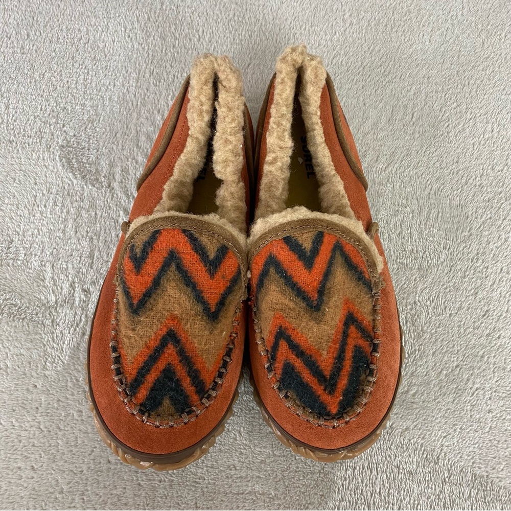 Sorel Tremblant Blanket Slipper Loafers Size 7 Brown Orange Sherpa Lined Moc - Picture 8 of 11